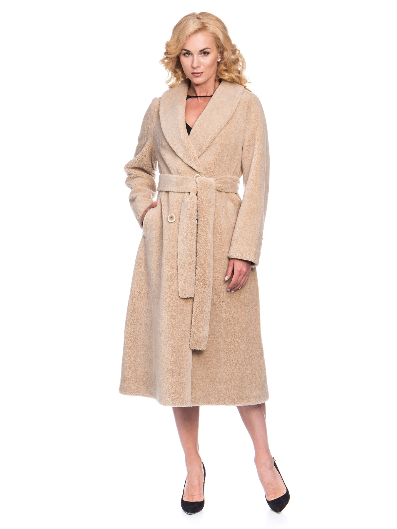 Женское демисезонное пальто из эко-меха с шалевым воротником